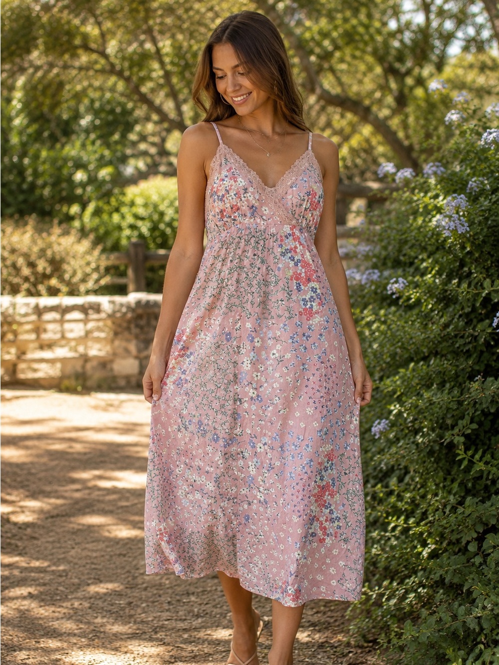 STITCH & PINE Pink Rayon Midi Boho Multicolor Floral Print Dress S:Juniors Small